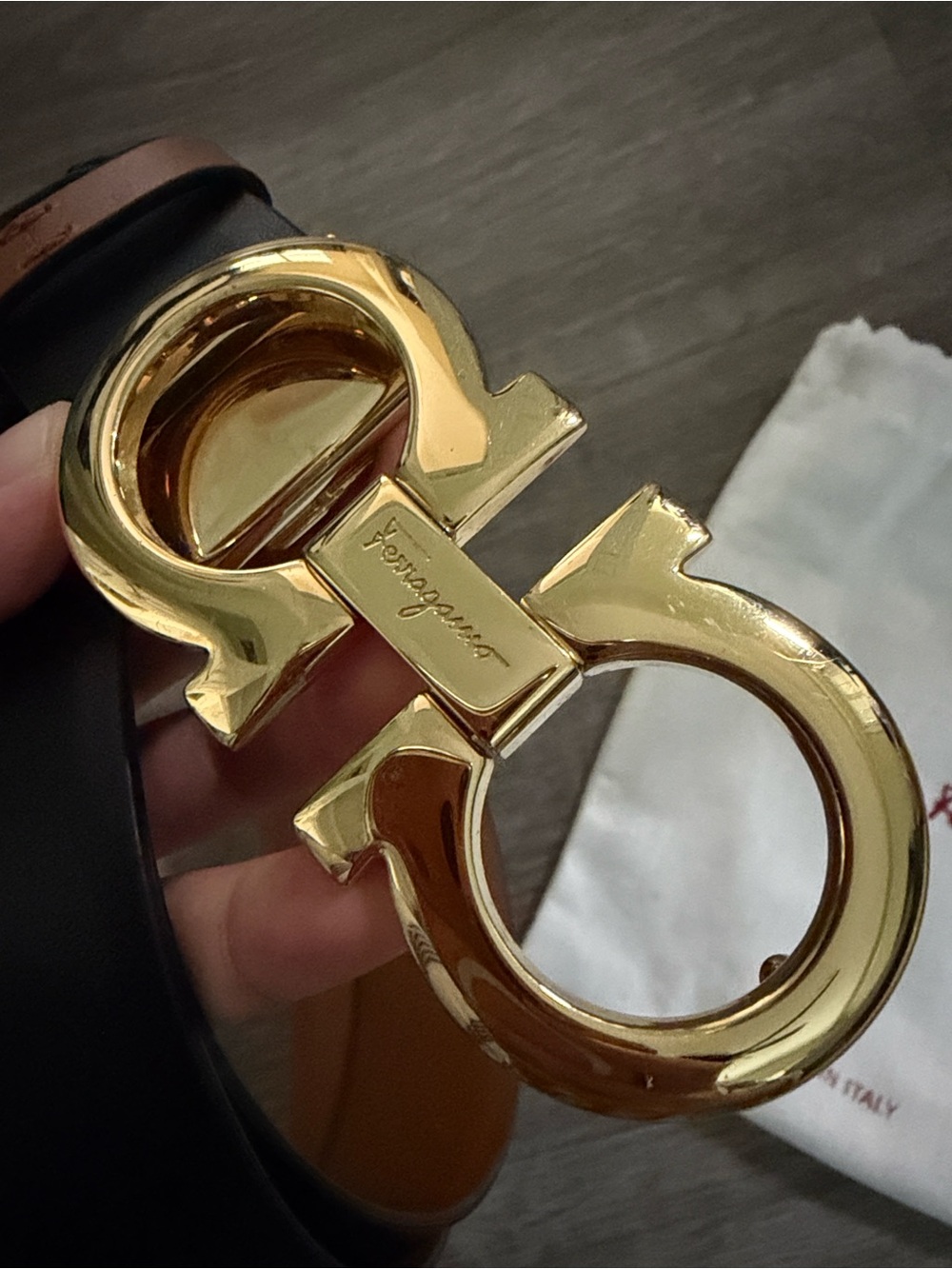 Salvatore Ferragamo Black & Brown Leather Belt with Gold Gancini Buckle